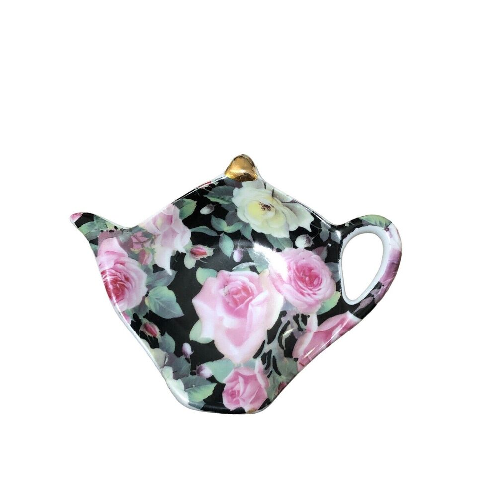 Victoria's Garden Black Floral Teapot Shaped Porcelain Tea Bag Holders - Picture 3 of 5